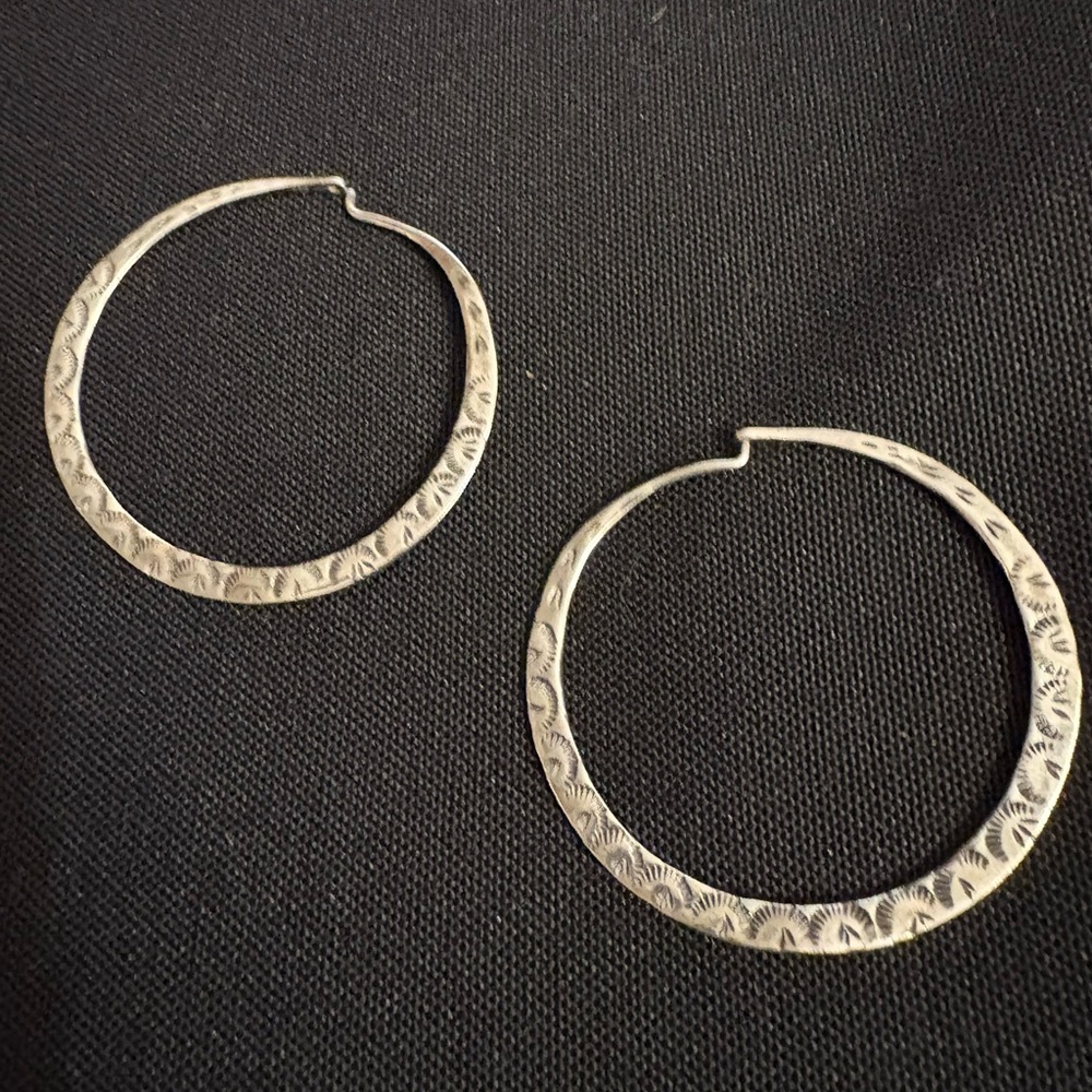 Native American made Sterling Silver Hoop Earrings 2”